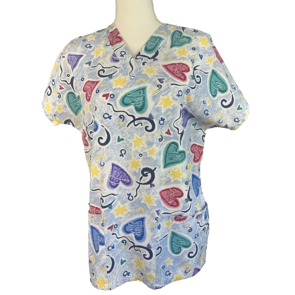 Scrub Medical  Top Women's Hearts Artsy V-Neck Short Sleeve Multicolor Sz M